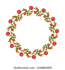 Round frame of pomegranate flowers and fruits. wreath with spring blooming composition with plants and leaves. Festive decoration for wedding, holiday, postcard and design. Vector flat illustration