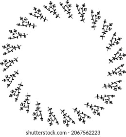 Round frame with positive black-and-white branches on white background. Vector image.