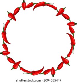 Round frame with positive red hot peppers on white background. Vector image. 
