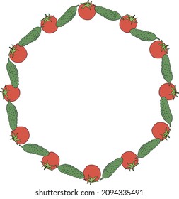 Round frame with positive tomato and cucumber on white background. Vector image. 