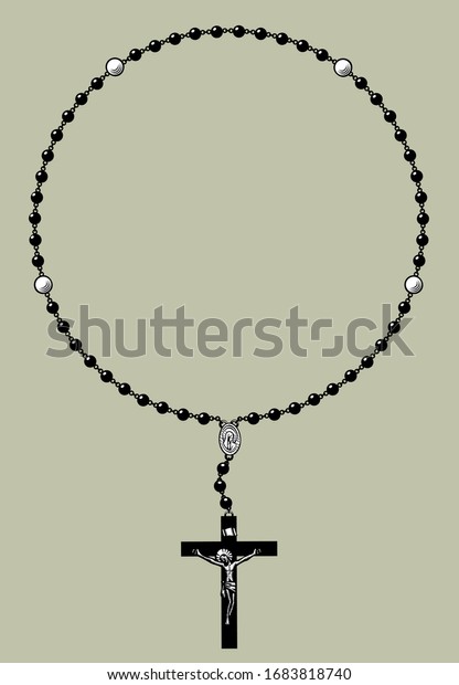 Round frame of prayer beads with and a black\
cross with the crucifixion. Vintage engraving stylized drawing.\
Vector illustration