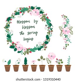 Round frame with pretty doodle flowers and flowers in a brown pots and spring lettering vector image