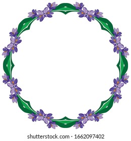 Round frame with pretty flowers crocus. Festive floral circle for your season design. Violet flowers.Vector Illustration.