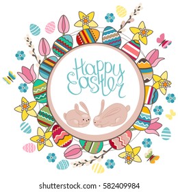 Round frame with pretty flowers, eggs and butterflies and text Happy Easter. Festive floral circle for your season design.