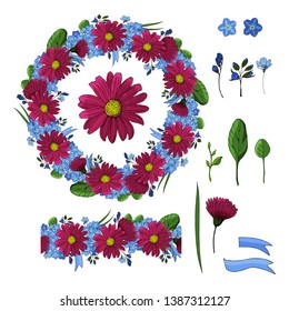Round frame with pretty flowers. Festive floral circle for your season design