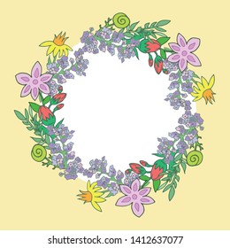 Round frame with pretty flowers. Festive floral circle for your season design
