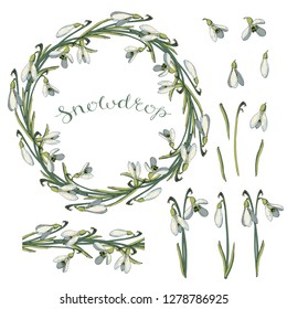 Round frame with pretty flowers snowdrops. Festive floral circle for your season design