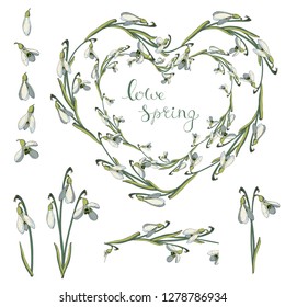 Round frame with pretty flowers snowdrops. Festive floral circle for your season design