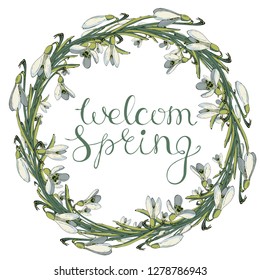 Round frame with pretty flowers snowdrops. Festive floral circle for your season design