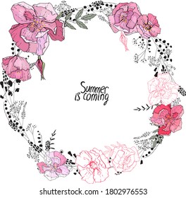 Round frame with pretty pink roses and contour black flowers. Festive floral circle for your season design.