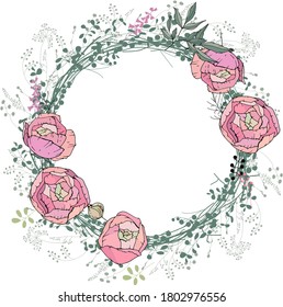 Marco redondo con bonitas rosas rosas rosas y modestas hierbas silvestres. Círculo floral festivo para su diseño de temporada.
