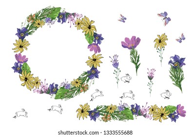 Round frame with pretty snowdrops, meadow flowers,butterflies and happy bunnies. Festive floral circle for your season design