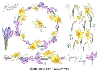 Round frame with pretty yellow daffodils and crocuses. Festive floral circle for your season design.