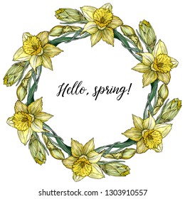 Round frame with pretty yellow daffodils. Festive floral circle for your season design