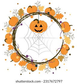 Round frame with pumpkins and autumn leaves with cobwebs. The concept of the Halloween holiday.