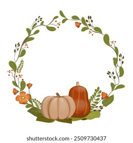 Marco redondo con calabazas, hojas de otoño y flores. Ilustración vectorial.	