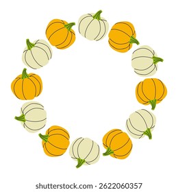 Marco redondo con calabazas. Colorido arreglo de calabaza en un patrón circular para la decoración de otoño y festividades