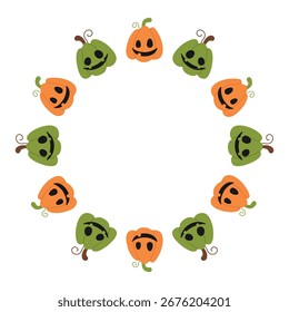 Round frame of pumpkins. Halloween design. Isolated white background. Vector illustration in flat style.
