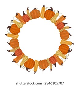 Round frame of pumpkins with place for text isolated from the background. Vector template with vegetables wreath and copy space. Farm border for invitations, cards and your design