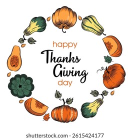 Round frame with pumpkins. Thanksgiving greeting card. Vector illustration on white background.