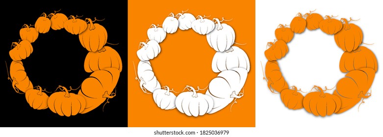 Round frame of pumpkins for Thanksgiving. Postcard, template, layout for festive design. Halloween pumpkins. Easily editable color. Vector