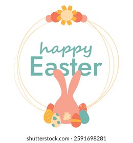 Round Frame with Rabbit with Eggs and Flowers. Doodle children card with text Happy Easter. Hare sits with its back. Cute Bunny with painted holiday elements. Buds. Spring event. Vector illustration