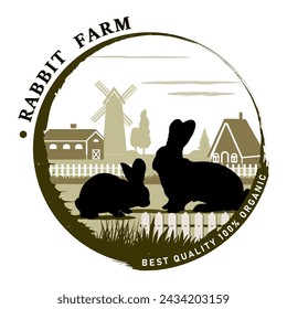 Round frame with rabbit farm objects silhouettes and text for product labels. Vector illustration.	