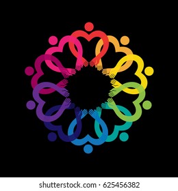 Round frame with rainbow hands. Unity and solidarity. Concept of love and peace Vector element for your creativity
