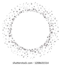 Round frame of random scatter silver stars on white background. Vector