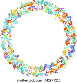 Round frame of randomly scattered colorful question marks on white background. Multicolor question marks with colorful strokes. Vector illustration.