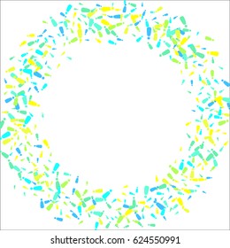 Round frame of randomly scattered exclamation marks on white background. Exclamation marks in yellow and blue tones. Vector illustration.