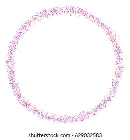 A round frame of randomly scattered exclamation marks on a white background. Exclamation marks in pink and purple tones. Vector illustration.