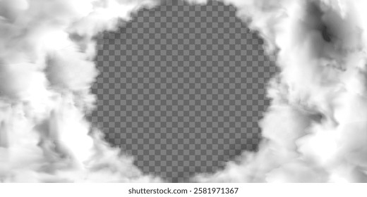 Round frame realistic fog or smoke with transparent special effect. White vector mist, smog. Vector illustration