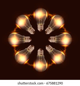 Round frame of realistic light bulbs with light. Vector element for your creativity