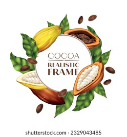 Round frame in realistic style with cocoa beans and leaves vector illustration