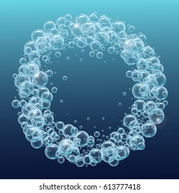 Round Frame Of Realistic Water Bubbles. Template For Aqua Park, Swimming Pool, Diving Club Design. Good For Greeting Card, Banner, Flyer, Party Invitation. Deep Sea With Bubbles And Sprays Underwater.