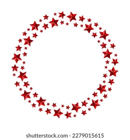 Round frame with red 3D stars. Border garland with ruby stars. Isolated vector illustration on white background.