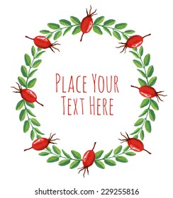 Round frame red berries briar green branch garland - watercolor vector template