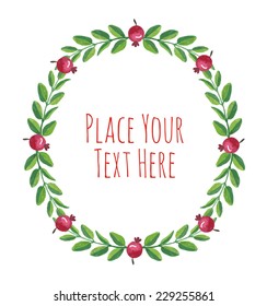 Round frame red berries briar green branch garland - watercolor vector template