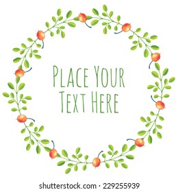 Round frame red berries briar green branch garland - watercolor vector template