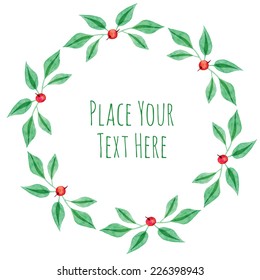 Round frame red berries and green branch garland - watercolor vector template