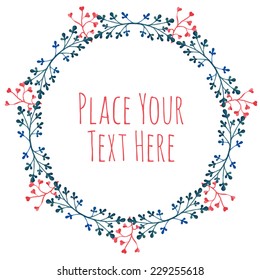 Round frame red blue branch garland - watercolor vector template