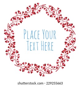 Round frame red branch heart leaves garland - watercolor vector template