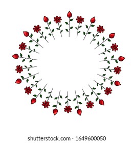 Round frame of red flowers. Hand-drawn element for the design of greeting cards, wedding invitations, daily planner.