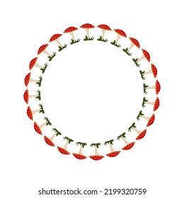 Round frame with red fly agaric mushroom with white dots. Bright autumn wreath with gifts of nature and empty space for text. Decoration for halloween and holiday. Vector flat illustration