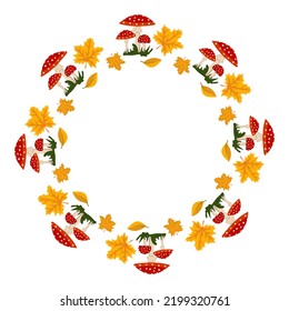 Round frame with red fly agaric mushroom with white dots and yellow maple leaves. Bright autumn wreath with gifts of nature and empty space for text. Decoration for halloween and holiday
