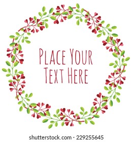 Round frame red green branch garland - watercolor vector template