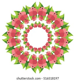 Round frame of red hibiscus flowers. Border from plants.