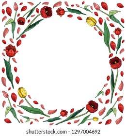 Round frame with red, pink and yellow tulips on white background. Festive floral circle with tulips and tulip petals for your season design