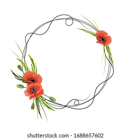 Round frame with red poppies isolated on white background.